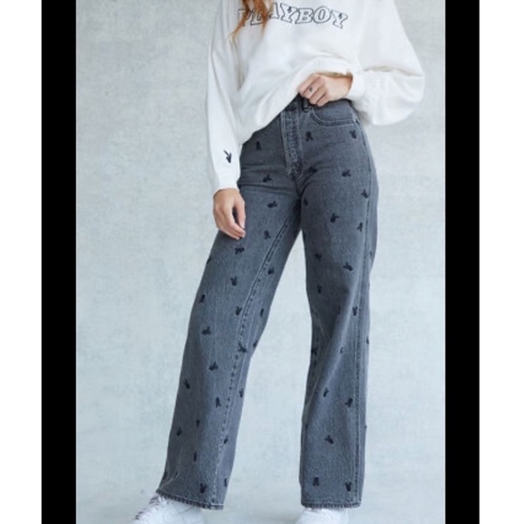Pacsun Women's Embroidered Playboy Black Wide Leg Button Fly Denim Sz 25 - Picture 1 of 10